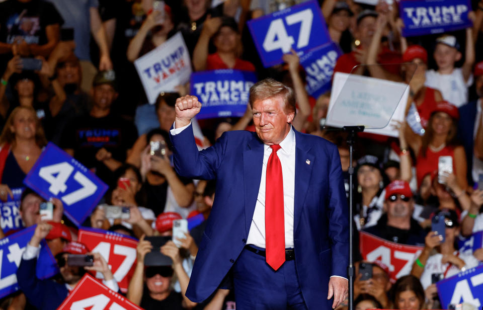 Republican presidential nominee and former U.S. President Donald Trump reacts at a rally in Las Vegas, Nevada, U.S. September 13, 2024. REUTERS/Piroschka Van de Wouw