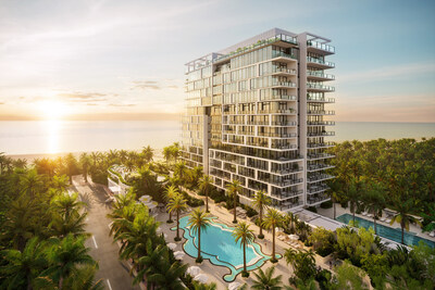 The new Peter Marino-designed 17-story residential tower at The Raleigh sits alongside the property's iconic restored swimming pool.