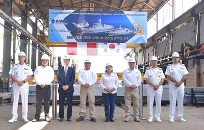 HD Hyundai Heavy Industries and Peru's SIMA Shipyard held a joint launch ceremony for four warships of three different types on Jan 10 (local time). (Third from the left to right) Joo Won-ho, head of the Naval & Special Ships Business Unit at HD HHI, Gustavo Adriansen Olaya, Prime Minister of Peru, Dina Boluarte, President of Peru, and Walter Astudillo, Minister of Defense of Peru. (PRNewsfoto/HD Hyundai)