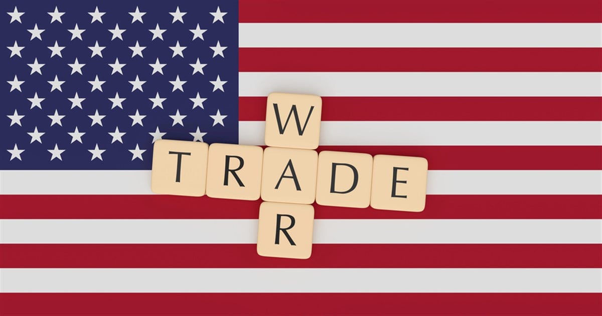 USA News Concept: Letter Tiles Trade War On US Flag, 3d illustration - stock image