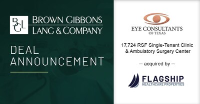 Brown Gibbons Lang & Company (BGL), a leading independent investment bank and financial advisory firm, is pleased to announce the real estate sale of the Eye Consultants of Texas & Lonestar Ambulatory Surgery Center (the Property) totaling approximately 17,724 rentable square feet in Grapevine, Texas, to Flagship Healthcare Properties. BGL's Healthcare Real Estate team served as the exclusive advisor to the seller in the transaction.